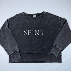 Seint Sweatshirt Women Size M Black NEW Acid Wash Logo Cotton Crewneck D102